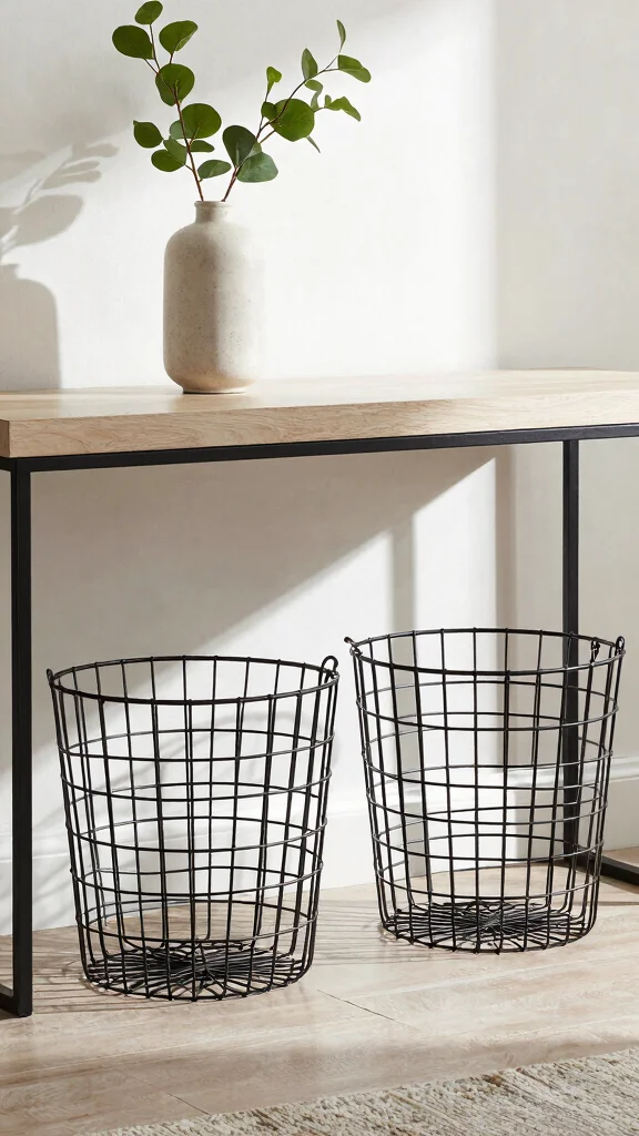 11 Under Entry Table Basket Ideas for a Smart Welcoming Organization - 6. Modern Wire Baskets 1