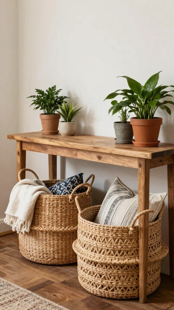 11 Under Entry Table Basket Ideas for a Smart Welcoming Organization - 7. Chic Rattan Baskets 1
