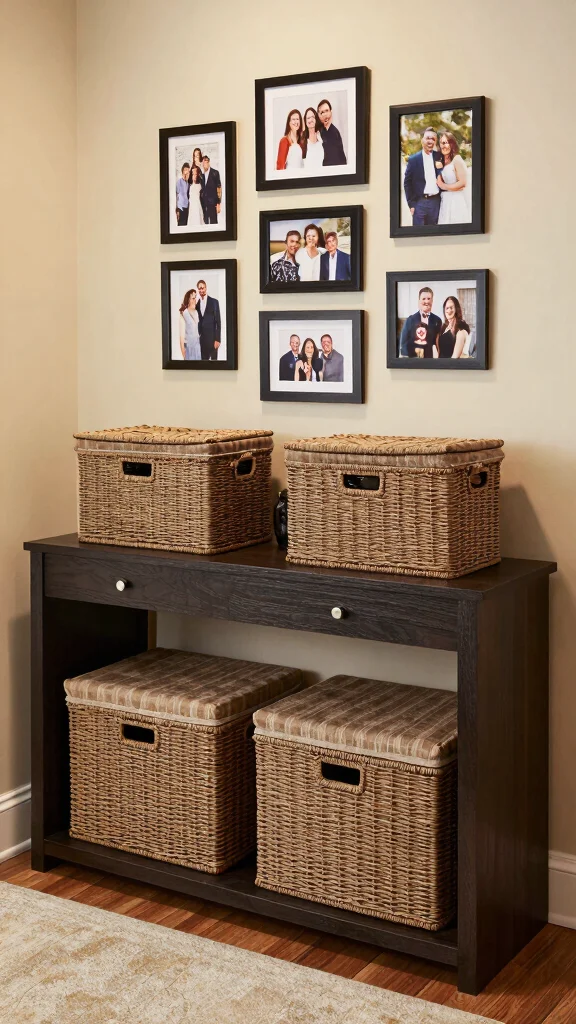 11 Under Entry Table Basket Ideas for a Smart Welcoming Organization - 8. Functional Storage Solutions 1