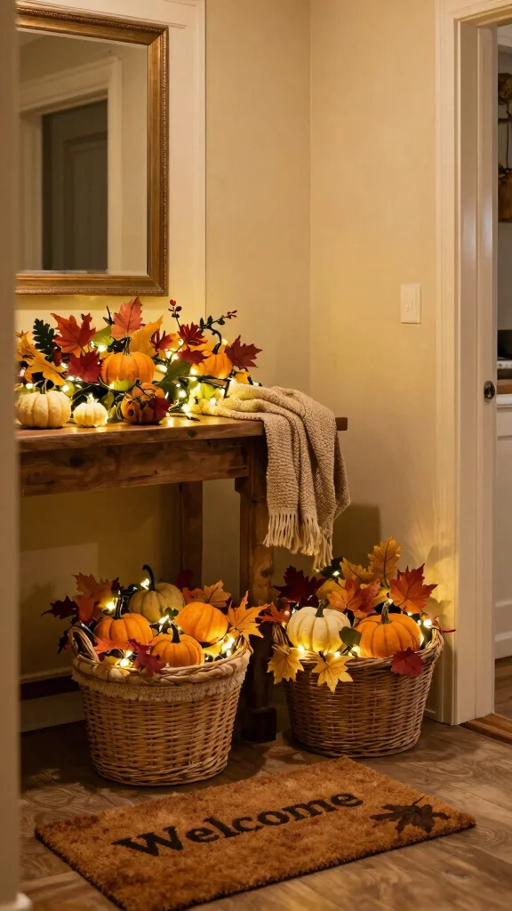 11 Under Entry Table Basket Ideas for a Smart Welcoming Organization - 9. Seasonal Decor Baskets 1