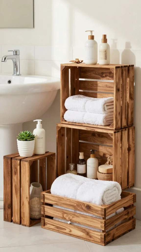11 Under Vanity Bathroom Basket Ideas for a Tidy Organized Space - 3. Rustic Wooden Crates 1
