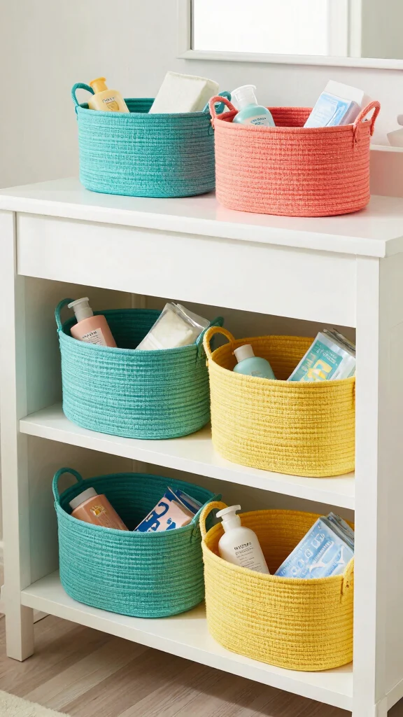 11 Under Vanity Bathroom Basket Ideas for a Tidy Organized Space - 4. Colorful Cotton Baskets 1