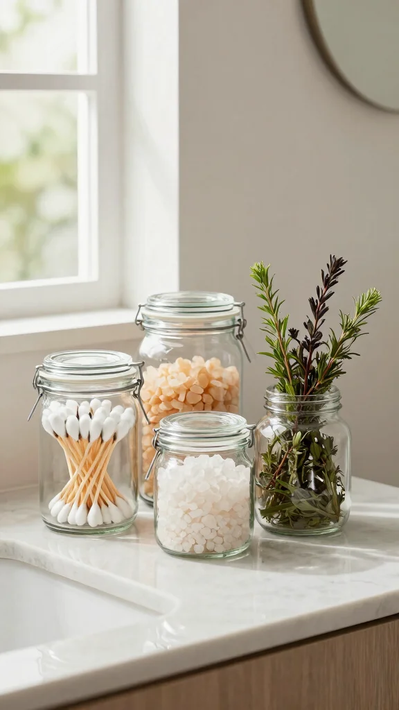 11 Under Vanity Bathroom Basket Ideas for a Tidy Organized Space - 8. Glass Jars and Containers 1