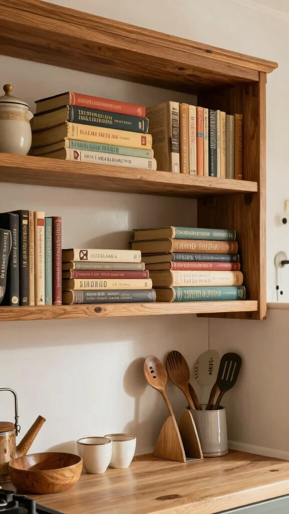 12 Above-Stove Shelf Ideas for a Functional Accessible Kitchen Display - 2. Vintage Cookbooks Showcase 1