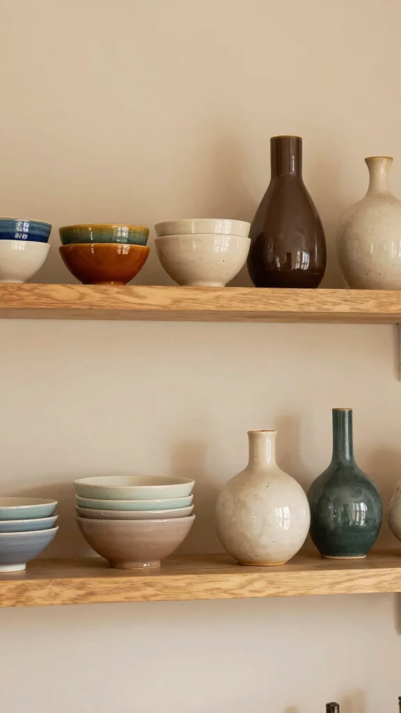 12 Above-Stove Shelf Ideas for a Functional Accessible Kitchen Display - 3. Artistic Display of Pottery 1