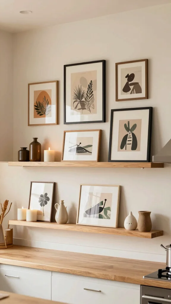 12 Above-Stove Shelf Ideas for a Functional Accessible Kitchen Display - 5. Engaging Wall Art Display 1