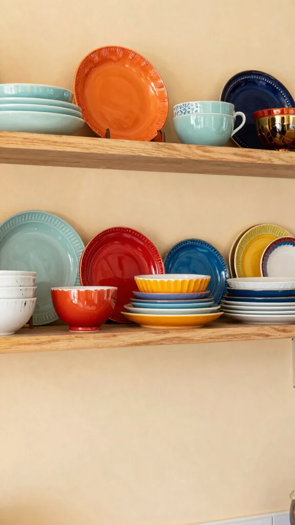 12 Above-Stove Shelf Ideas for a Functional Accessible Kitchen Display - 8. Colorful Dish Display 1