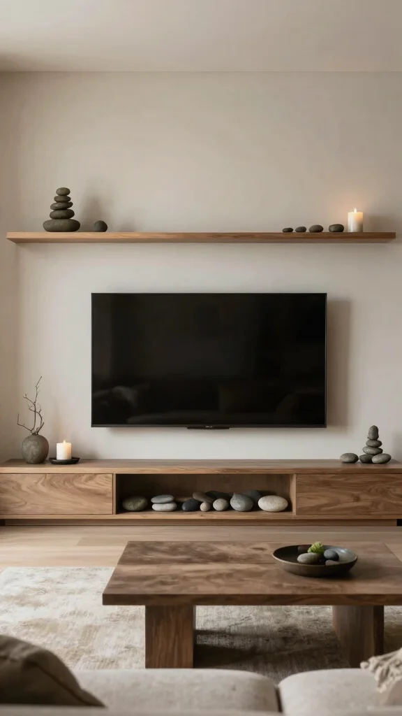 12 Above-TV Shelf Ideas for a Styled Balanced Media Wall - 10. Zen-Inspired Shelf Decor 1