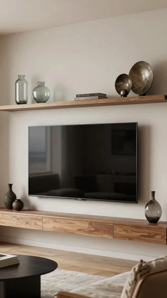 12 Above-TV Shelf Ideas for a Styled Balanced Media Wall - 11. Incorporate Mixed Materials 1