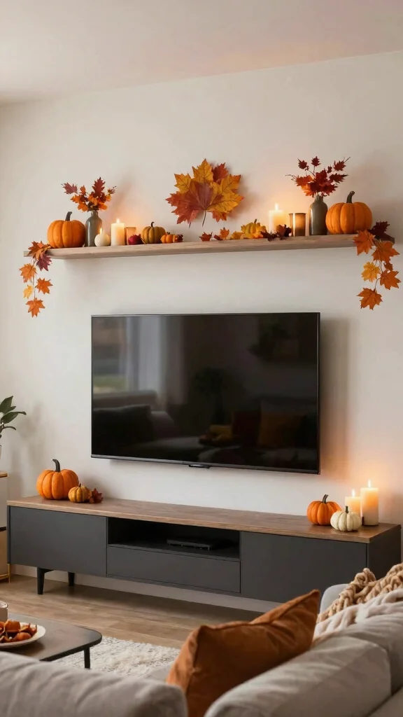12 Above-TV Shelf Ideas for a Styled Balanced Media Wall - 12. Seasonal Decor Changes 1