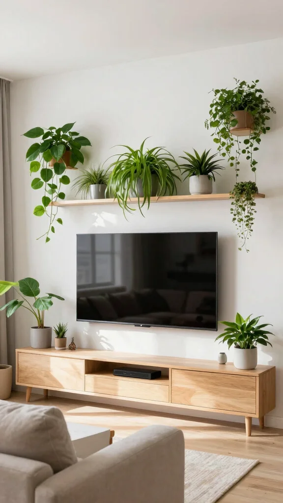 12 Above-TV Shelf Ideas for a Styled Balanced Media Wall - 3. Greenery Above the TV 1