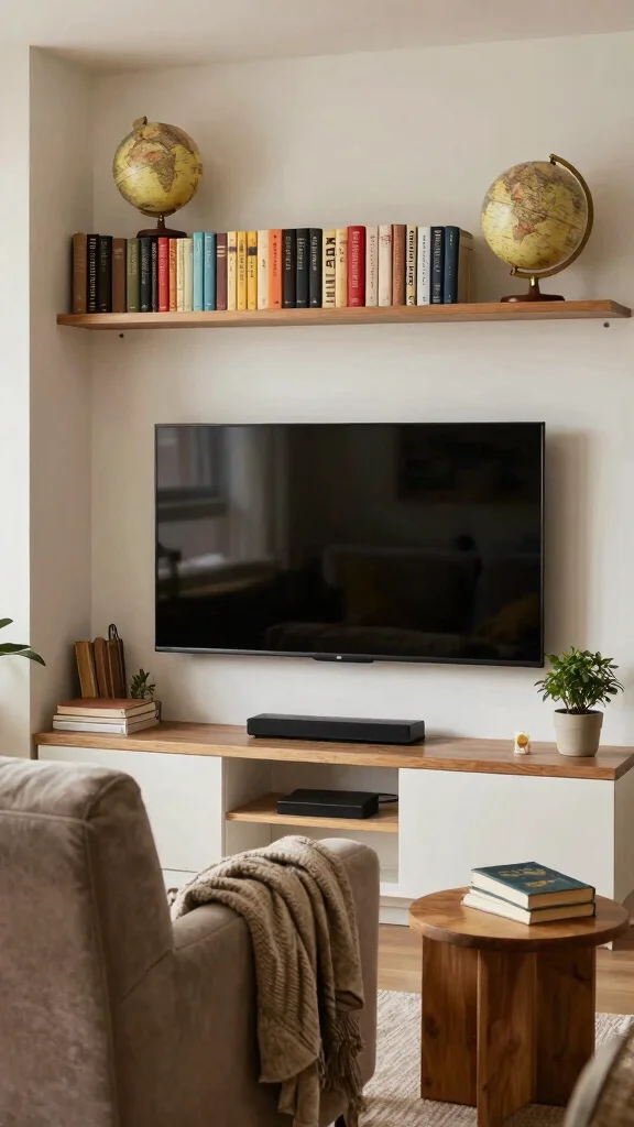 12 Above-TV Shelf Ideas for a Styled Balanced Media Wall - 4. Bookshelves That Tell a Story 1