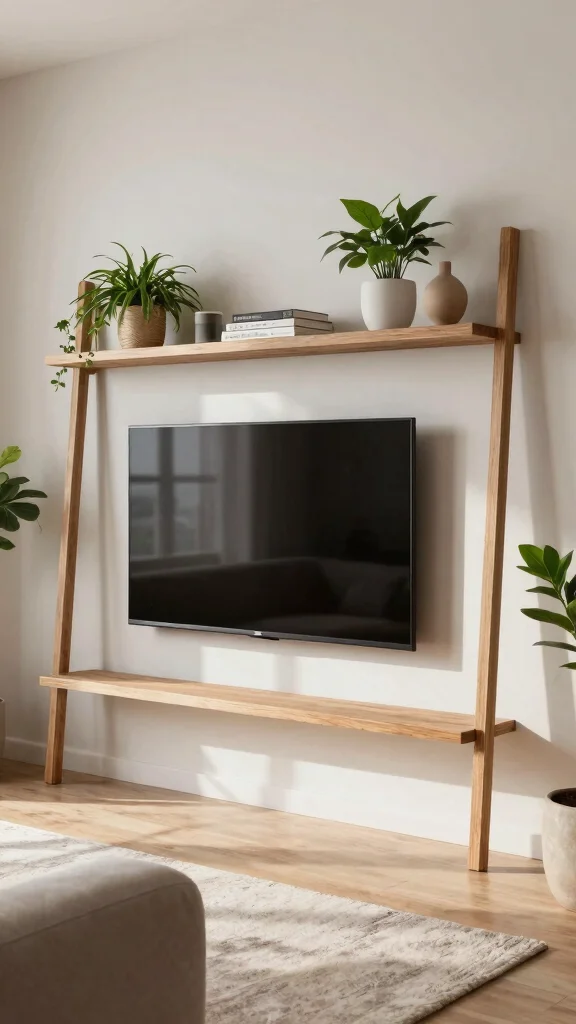 12 Above-TV Shelf Ideas for a Styled Balanced Media Wall - 5. Minimalist Ladder Shelf 1