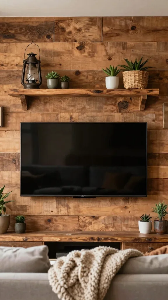 12 Above-TV Shelf Ideas for a Styled Balanced Media Wall - 6. Rustic Charm with Wooden Accents 1