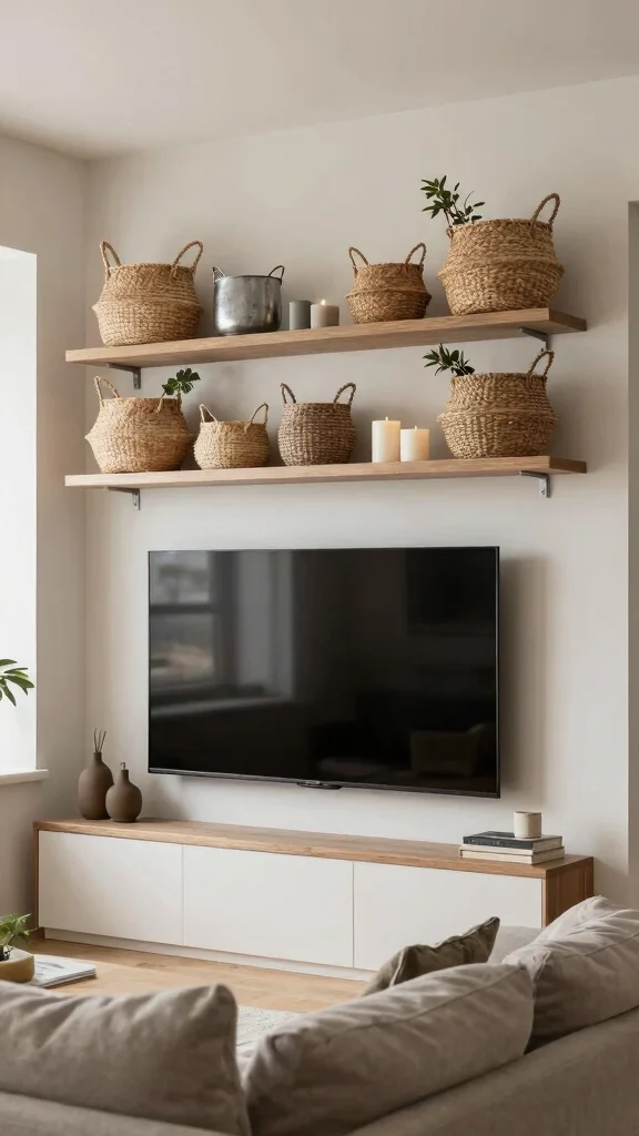 12 Above-TV Shelf Ideas for a Styled Balanced Media Wall - 7. Stylish Organization with Baskets 1