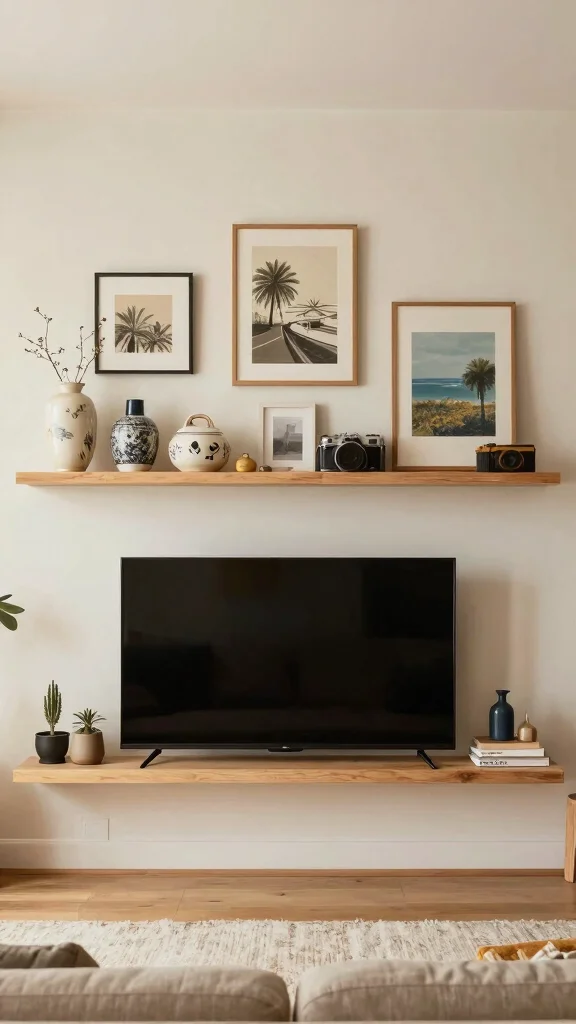 12 Above-TV Shelf Ideas for a Styled Balanced Media Wall - 8. Chic and Curated Collections 1
