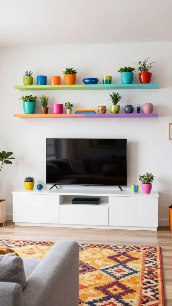 12 Above-TV Shelf Ideas for a Styled Balanced Media Wall - 9. Colorful Accent Shelves 1