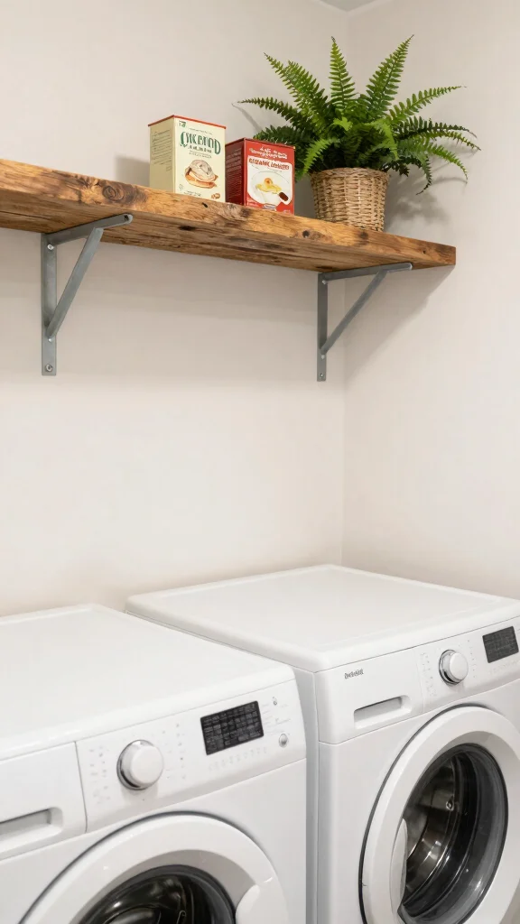 12 Above-Washer-and-Dryer Shelf Ideas for a Functional Laundry Room - 1. Rustic Wooden Shelving 1