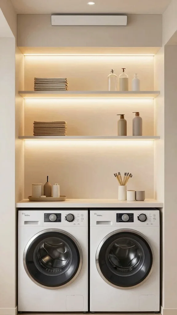 12 Above-Washer-and-Dryer Shelf Ideas for a Functional Laundry Room - 10. Overhead Lighting Shelves 1