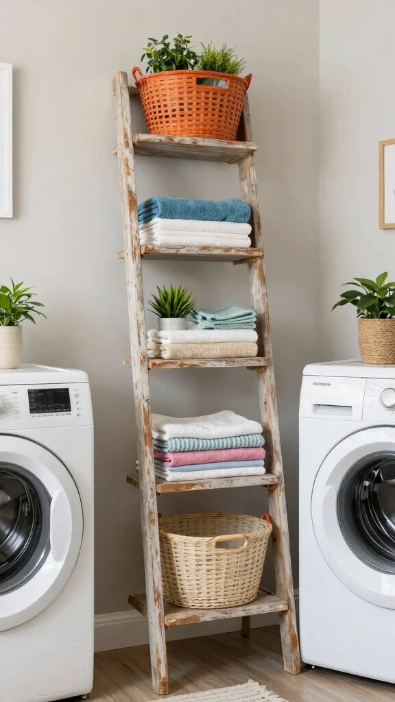 12 Above-Washer-and-Dryer Shelf Ideas for a Functional Laundry Room - 4. Vintage Ladder Shelf 1