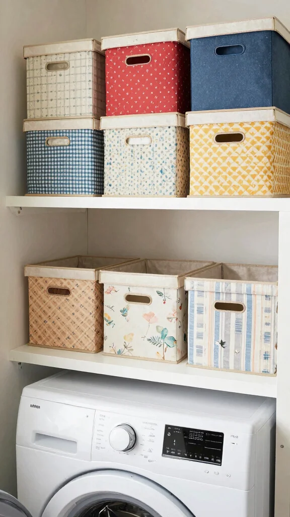 12 Above-Washer-and-Dryer Shelf Ideas for a Functional Laundry Room - 8. Fabric Storage Boxes 1
