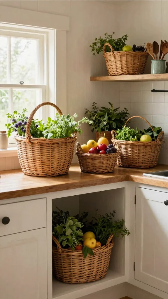 12 Basket Ideas for the Top of Kitchen Cabinets - 1. Farmhouse Charm with Woven Baskets 1