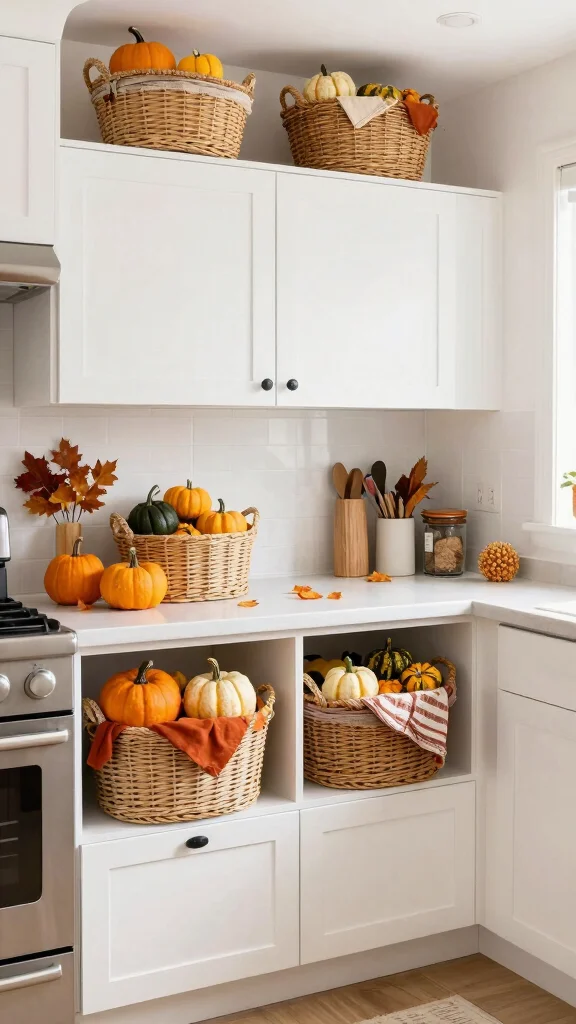 12 Basket Ideas for the Top of Kitchen Cabinets - 10. Seasonal Styling with Baskets 1