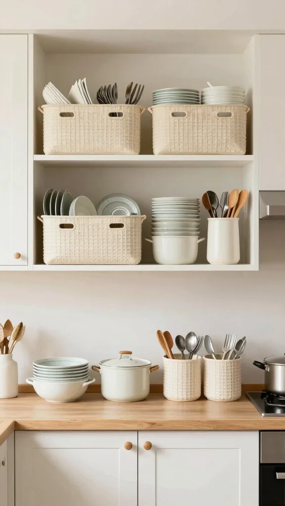 12 Basket Ideas for the Top of Kitchen Cabinets - 11. Utilize Baskets for Kitchen Essentials 1