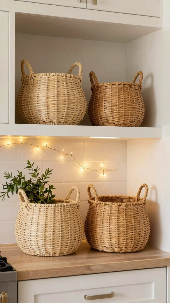 12 Basket Ideas for the Top of Kitchen Cabinets - 12. Final Touches with Decorative Baskets 1