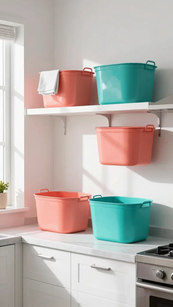 12 Basket Ideas for the Top of Kitchen Cabinets - 2. Pop of Color with Painted Baskets 1