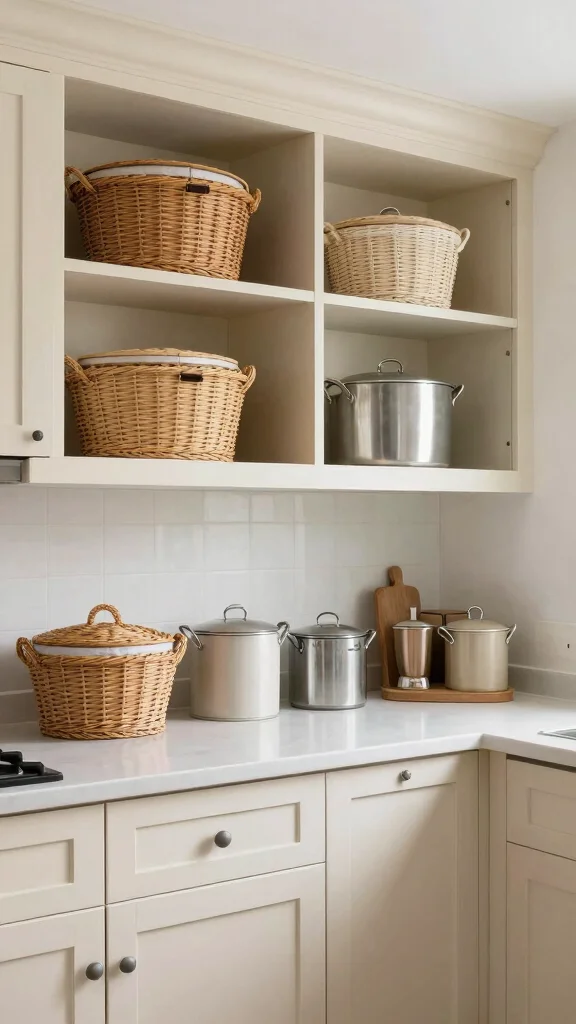 12 Basket Ideas for the Top of Kitchen Cabinets - 3. Lidded Baskets for a Clean Look 1