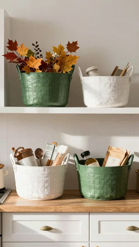 12 Basket Ideas for the Top of Kitchen Cabinets - 5. Themed Basket Displays 1
