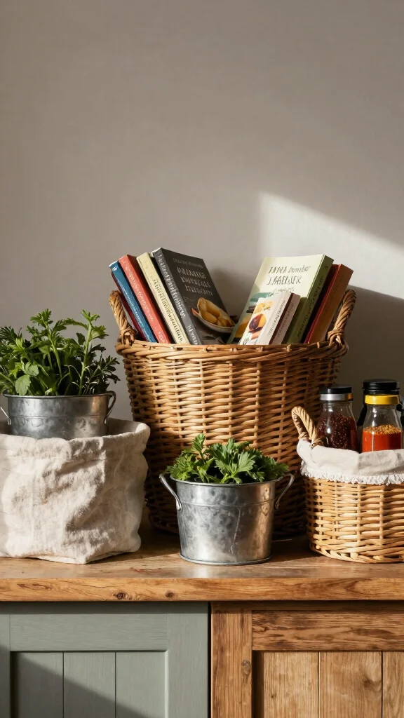 12 Basket Ideas for the Top of Kitchen Cabinets - 8. Layering Textures for Depth 1