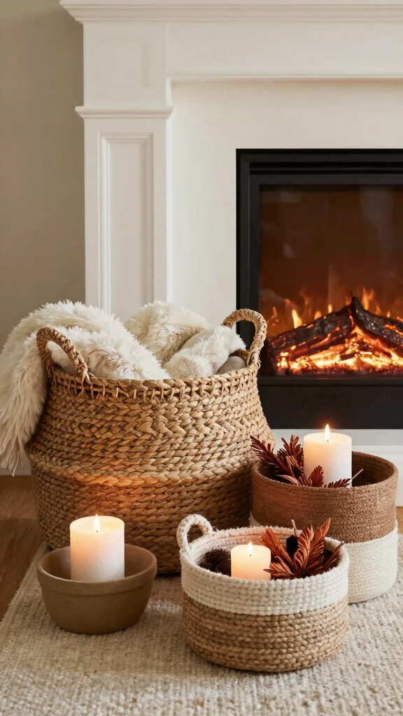 12 Basket Ideas in Front of the Fireplace for a Cozy Styled Display - 10. Textured Layering 1