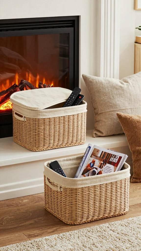 12 Basket Ideas in Front of the Fireplace for a Cozy Styled Display - 11. Functional Organization 1