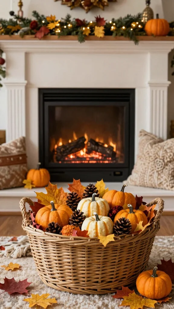 12 Basket Ideas in Front of the Fireplace for a Cozy Styled Display - 2. Seasonal Decorative Baskets 1