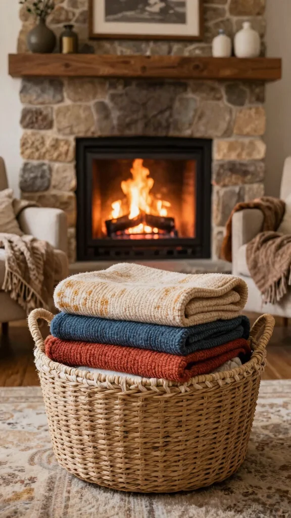 12 Basket Ideas in Front of the Fireplace for a Cozy Styled Display - 3. Cozy Blanket Storage 1