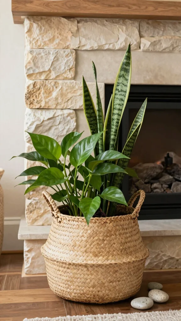 12 Basket Ideas in Front of the Fireplace for a Cozy Styled Display - 4. Plant & Nature Displays 1