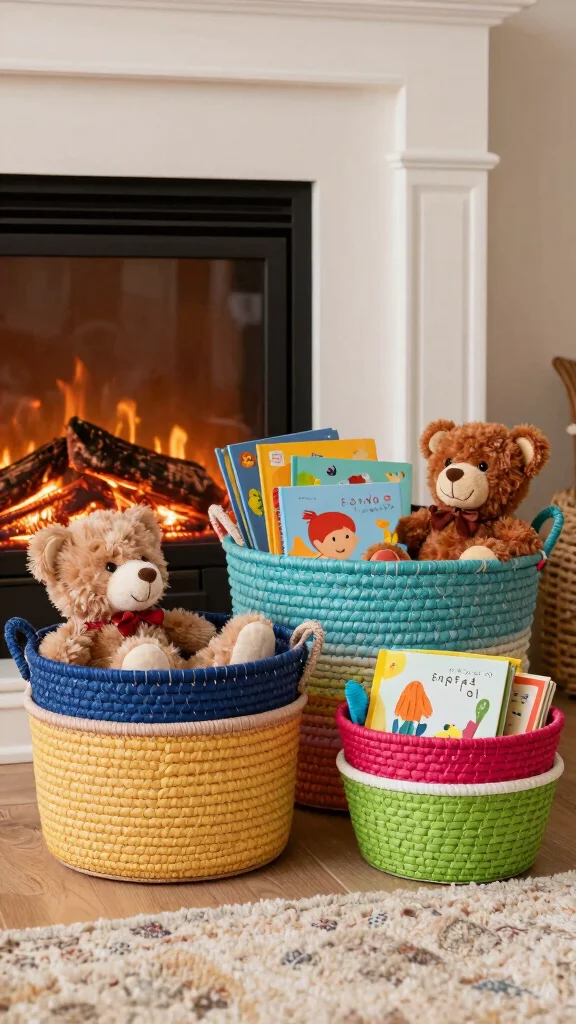 12 Basket Ideas in Front of the Fireplace for a Cozy Styled Display - 5. Kids’ Toy Storage 1