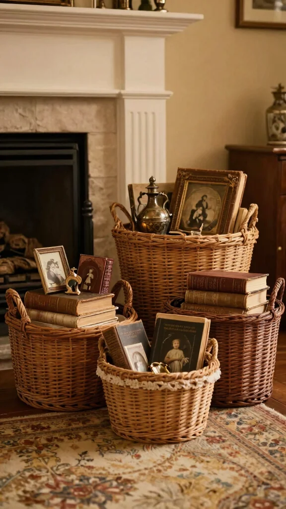 12 Basket Ideas in Front of the Fireplace for a Cozy Styled Display - 6. Vintage Basket Collectibles 1
