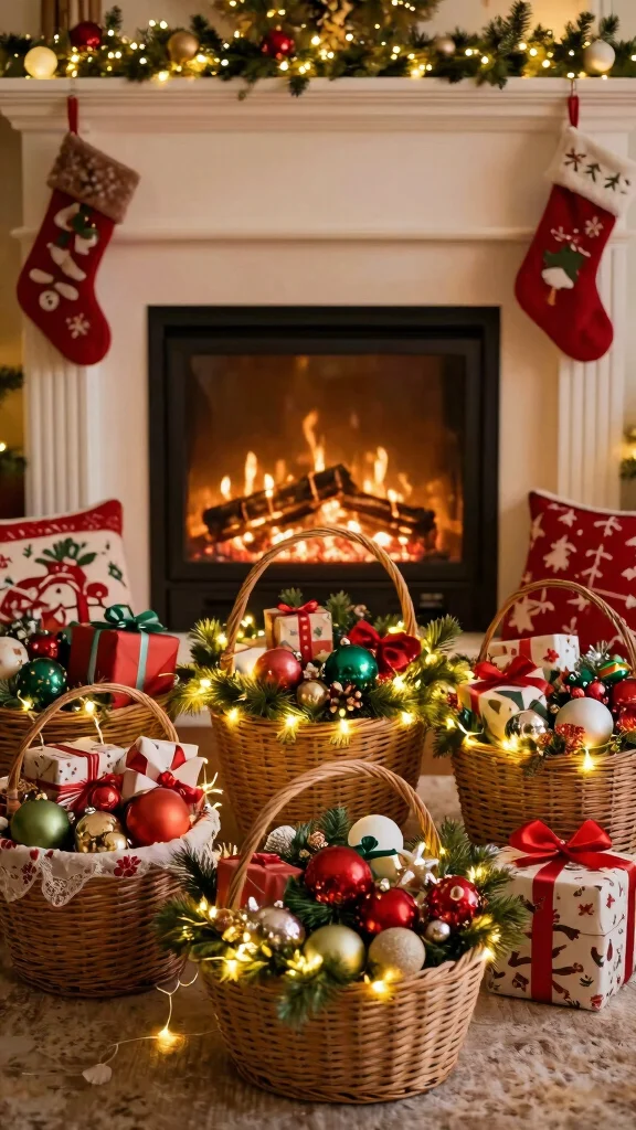 12 Basket Ideas in Front of the Fireplace for a Cozy Styled Display - 7. Holiday Cheer Baskets 1