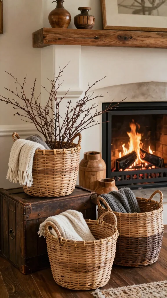 12 Basket Ideas in Front of the Fireplace for a Cozy Styled Display - 8. Rustic Farmhouse Charm 1