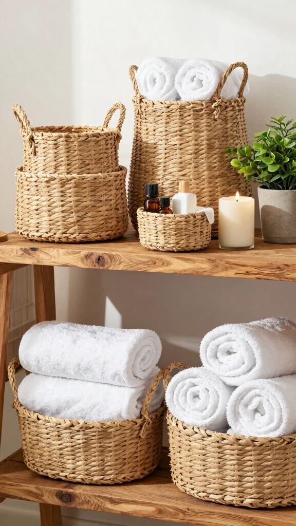 12 Bathroom Basket Decor Ideas for a Natural Spa Inspired Interior - 1. Woven Seagrass Baskets for Towel Storage 1