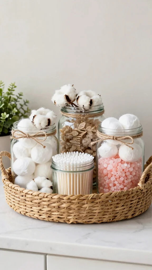 12 Bathroom Basket Decor Ideas for a Natural Spa Inspired Interior - 11. Upcycled Jars in Basket Arrangements 1