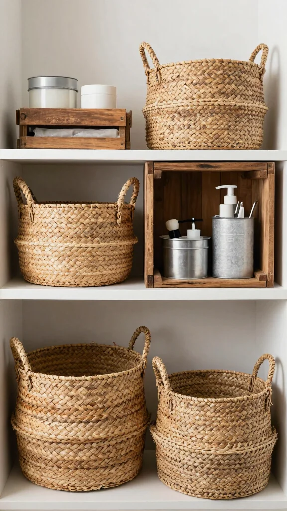 12 Bathroom Basket Decor Ideas for a Natural Spa Inspired Interior - 12. Mixed Material Baskets for Eclectic Style 1