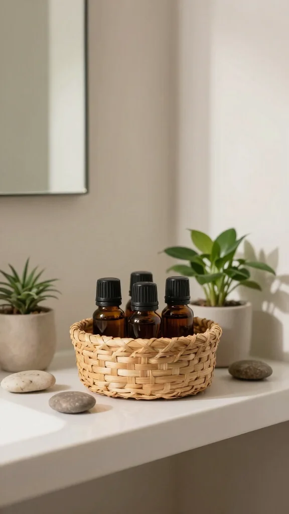12 Bathroom Basket Decor Ideas for a Natural Spa Inspired Interior - 5. Woven Baskets for Essential Oil Display 1