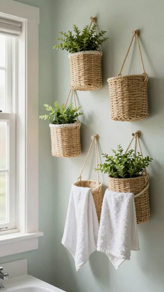 12 Bathroom Basket Decor Ideas for a Natural Spa Inspired Interior - 7. Hanging Baskets for Space Saving 1