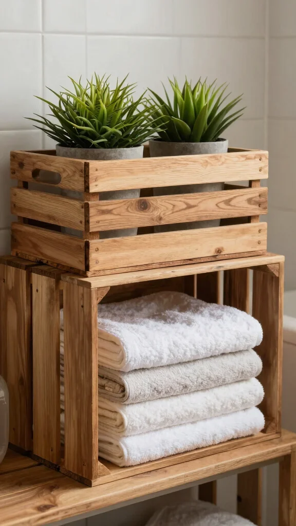 12 Bathroom Basket Decor Ideas for a Natural Spa Inspired Interior - 9. Natural Wood Crates for Rustic Charm 1