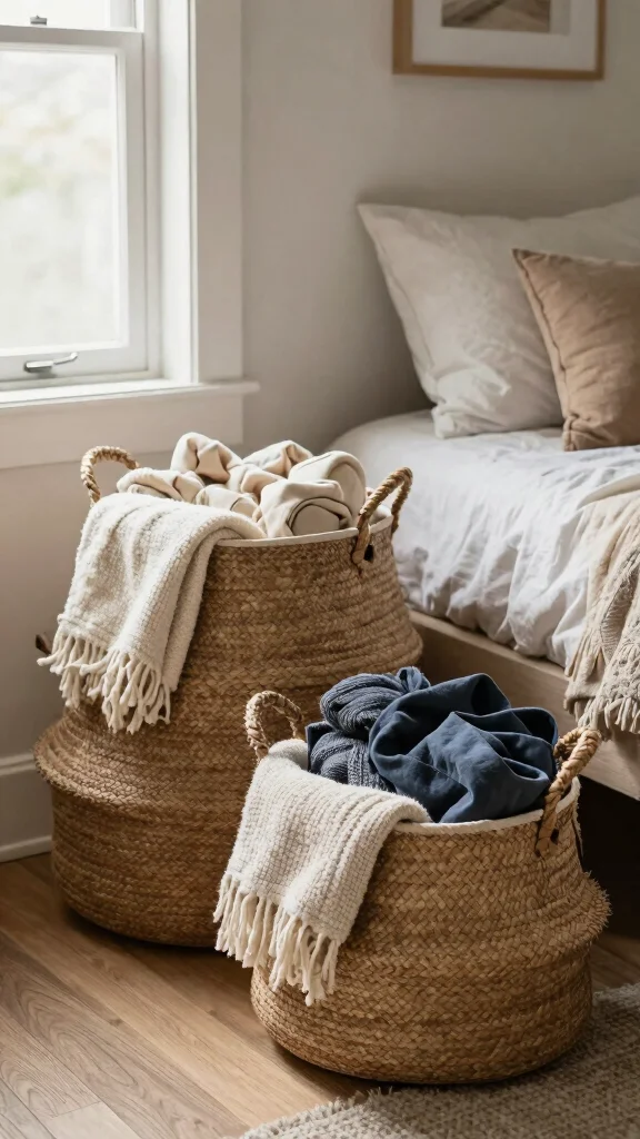 12 Bedroom Clothes Hanger Ideas for a Stylish Organized Personal Space - 12. Decorative Baskets for Storage 1