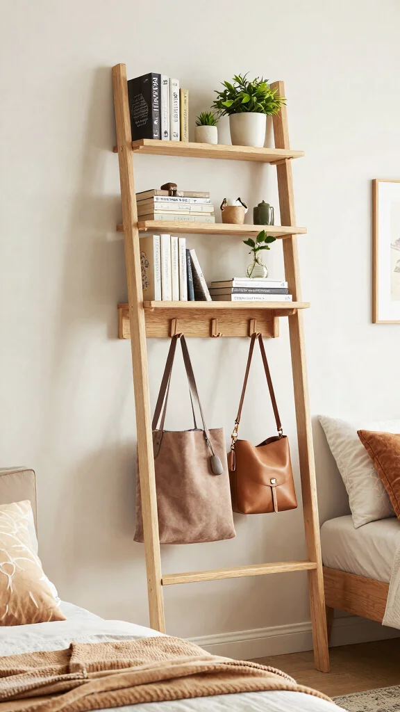 12 Bedroom Clothes Hanger Ideas for a Stylish Organized Personal Space - 6. Ladder Shelf with Hooks 1